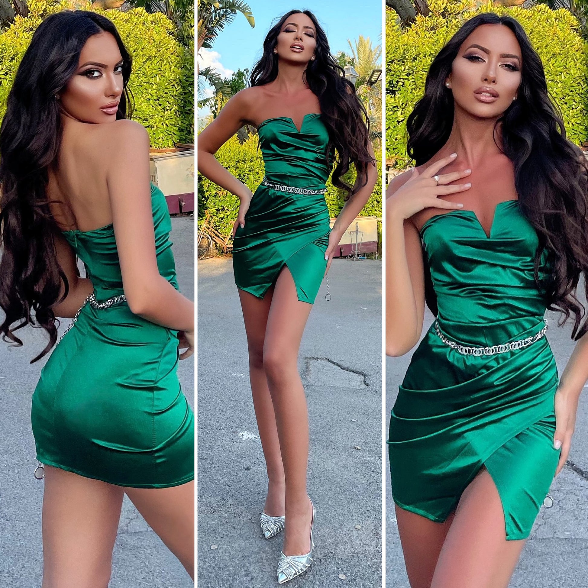 Abito in raso corto scollo a V verde - R.a. Boutique 