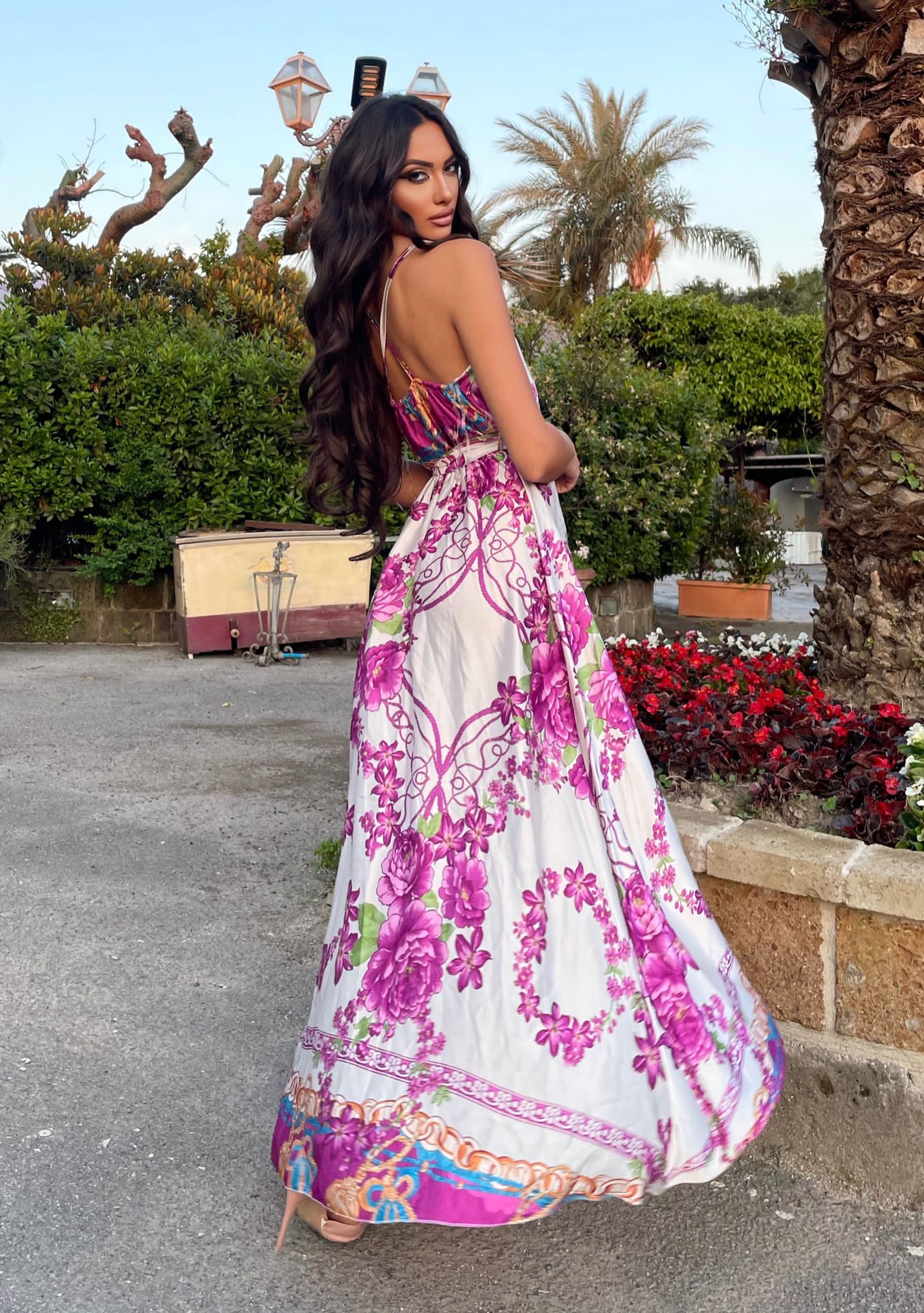 Abito con spacco fiori Fuxia - R.a. Boutique 