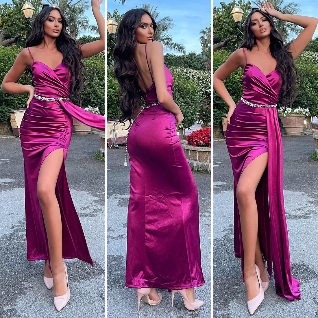 Abito in raso amarena con drappeggio - R.a. Boutique 