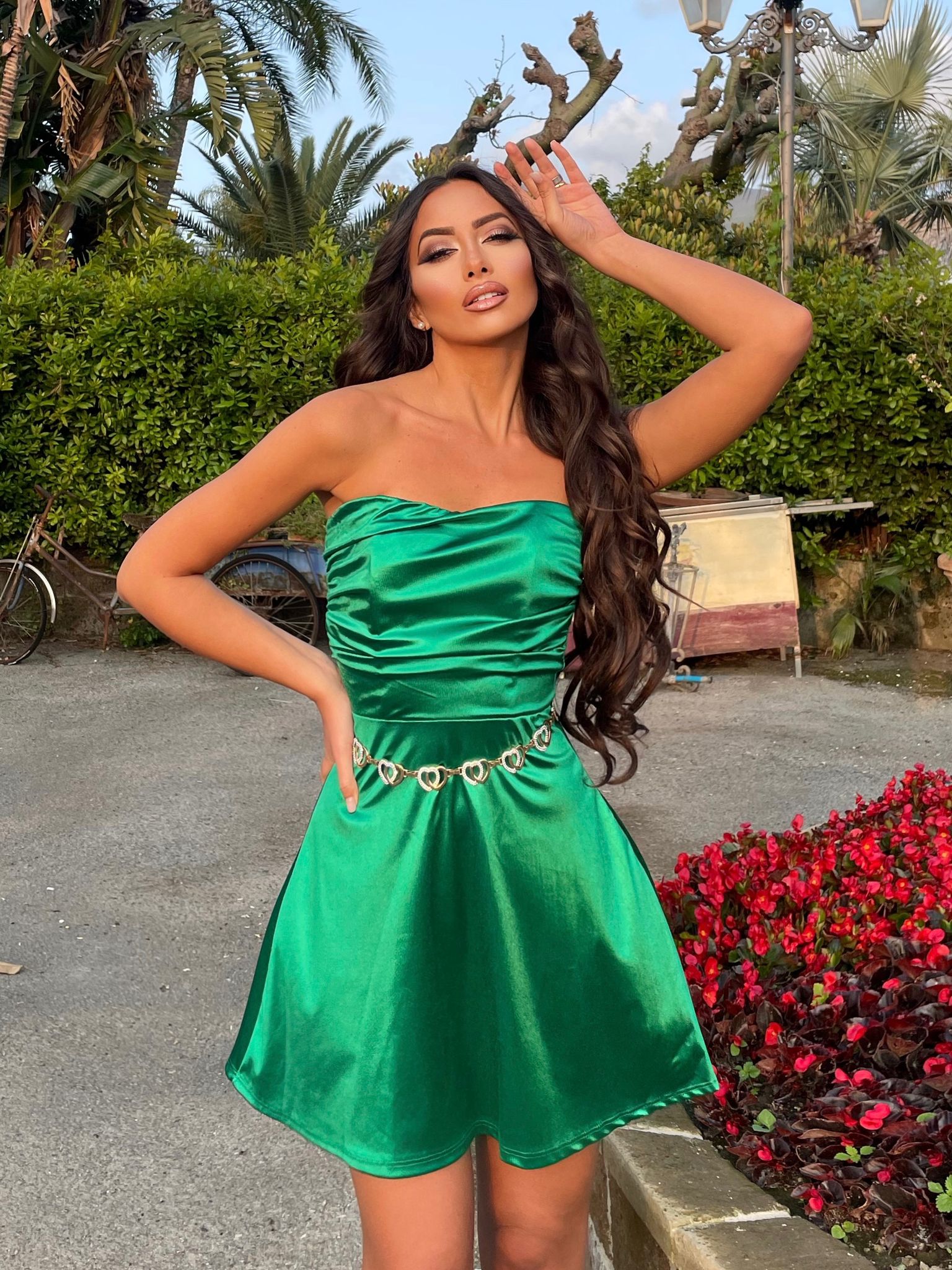 Emerald green short satin dress Emerald green short satin dress