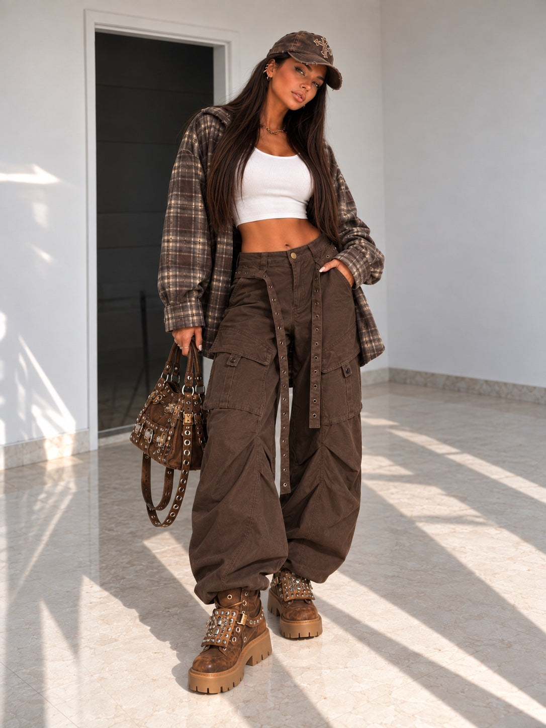 Pantalone Balloon Belt Chic marrone - RA Boutique