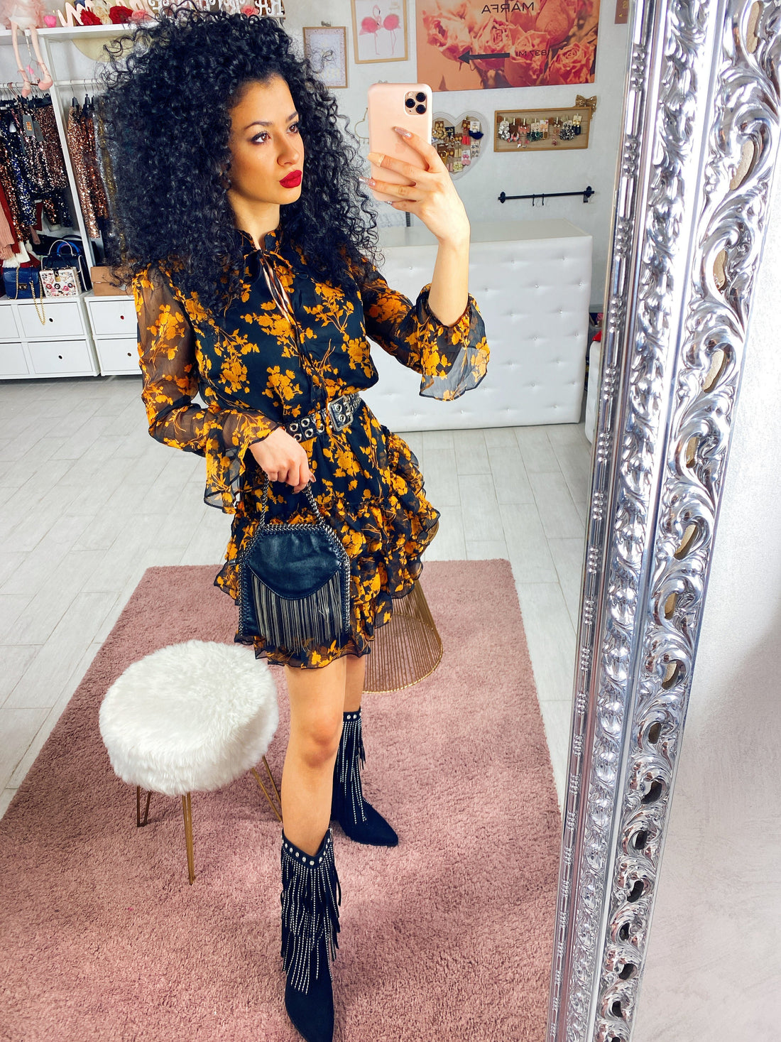 Abito a balze fiorato senape - R.a. Boutique 