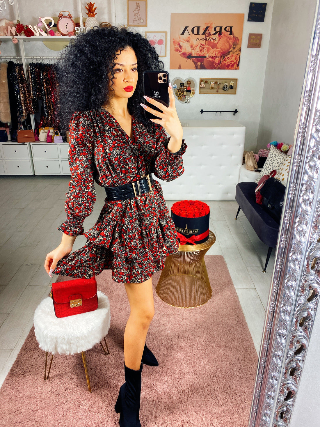 Abito a fiori rossi con balze - R.a. Boutique 