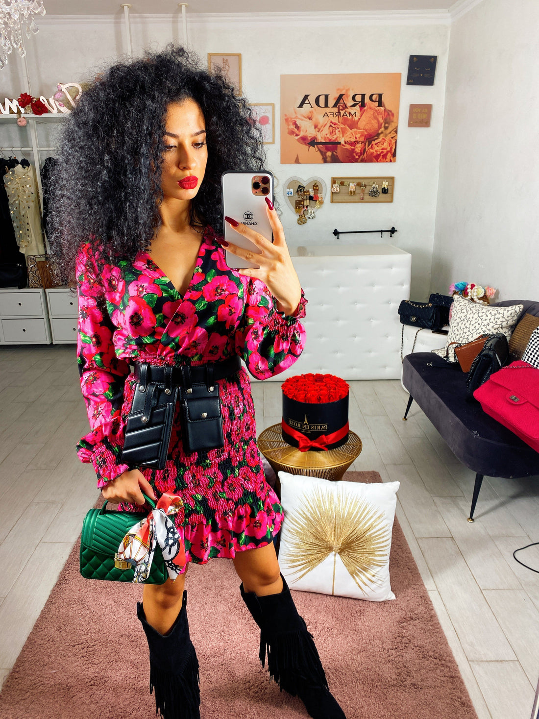 Abito aderente con fiori fuxia - R.a. Boutique 