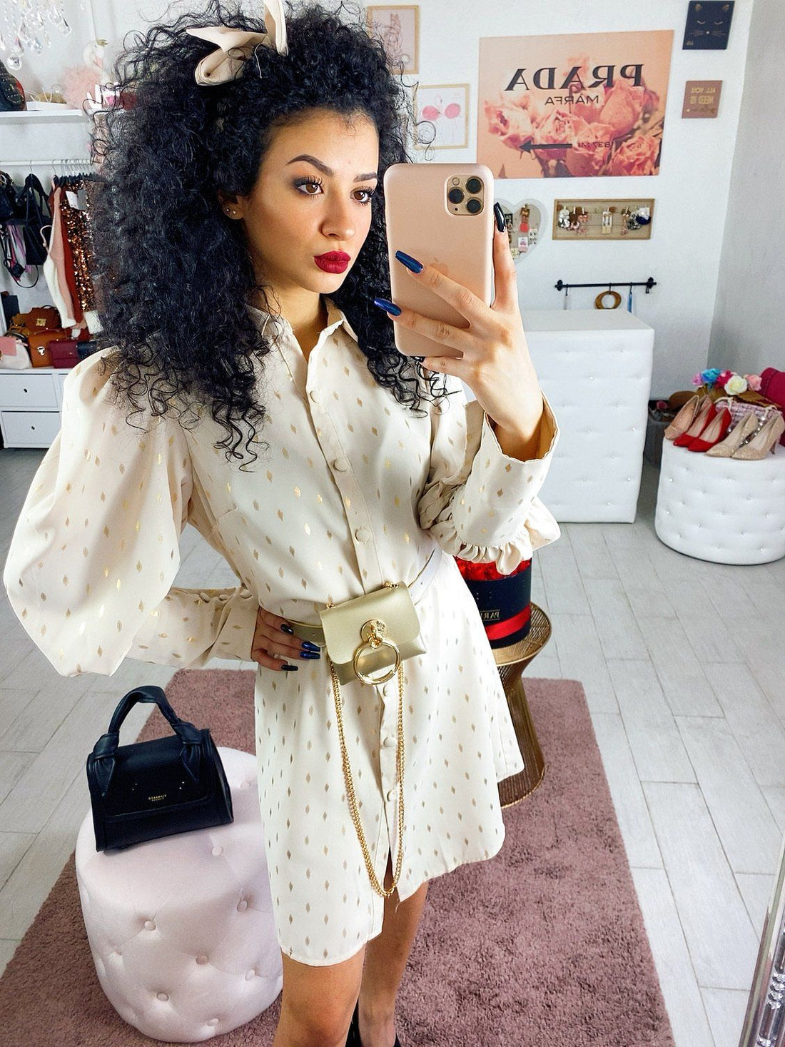 Abito cipria con dettagli gold manica bombata - R.a. Boutique 