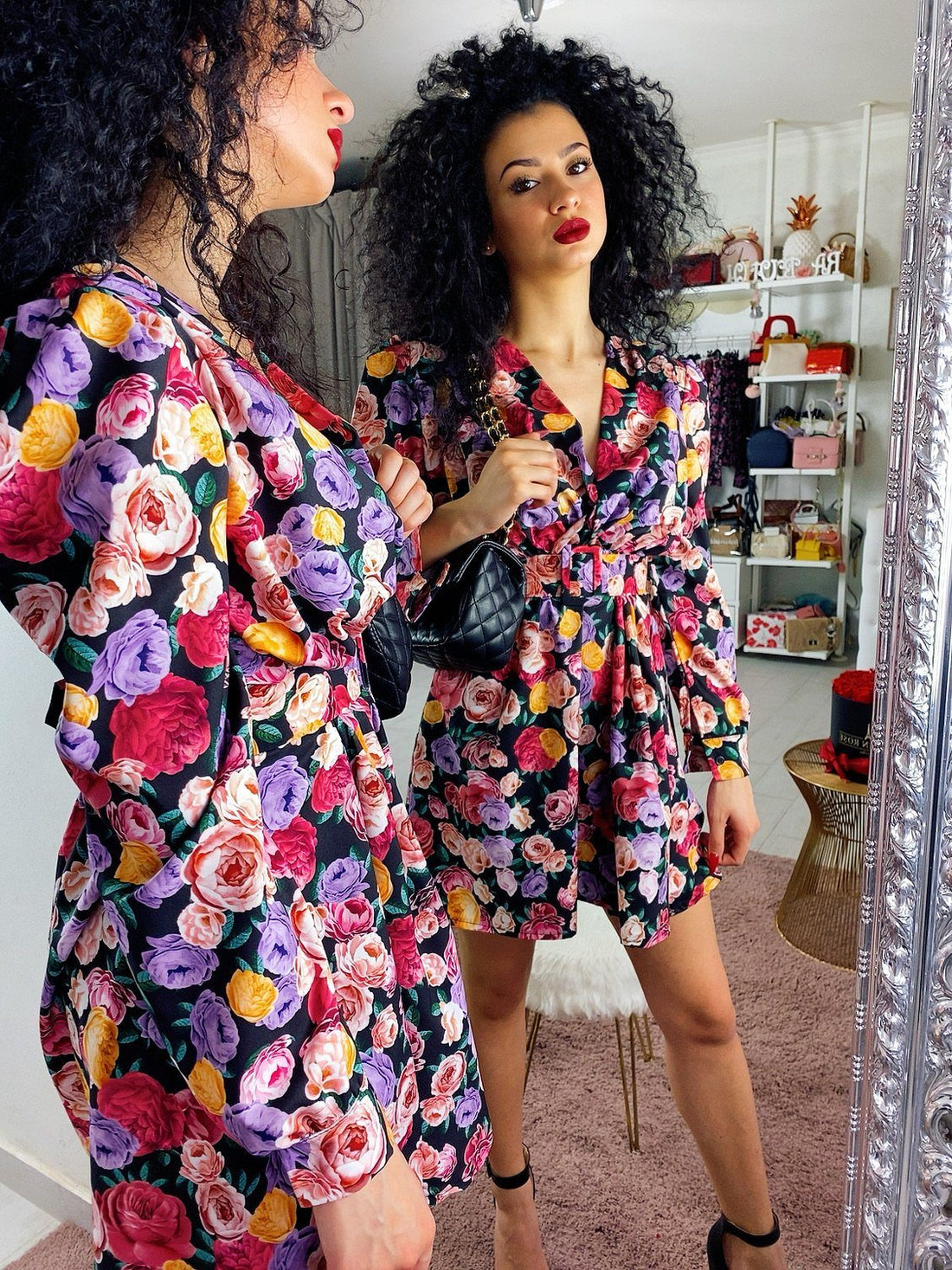 Abito con cintura a fiori base nero - R.a. Boutique 