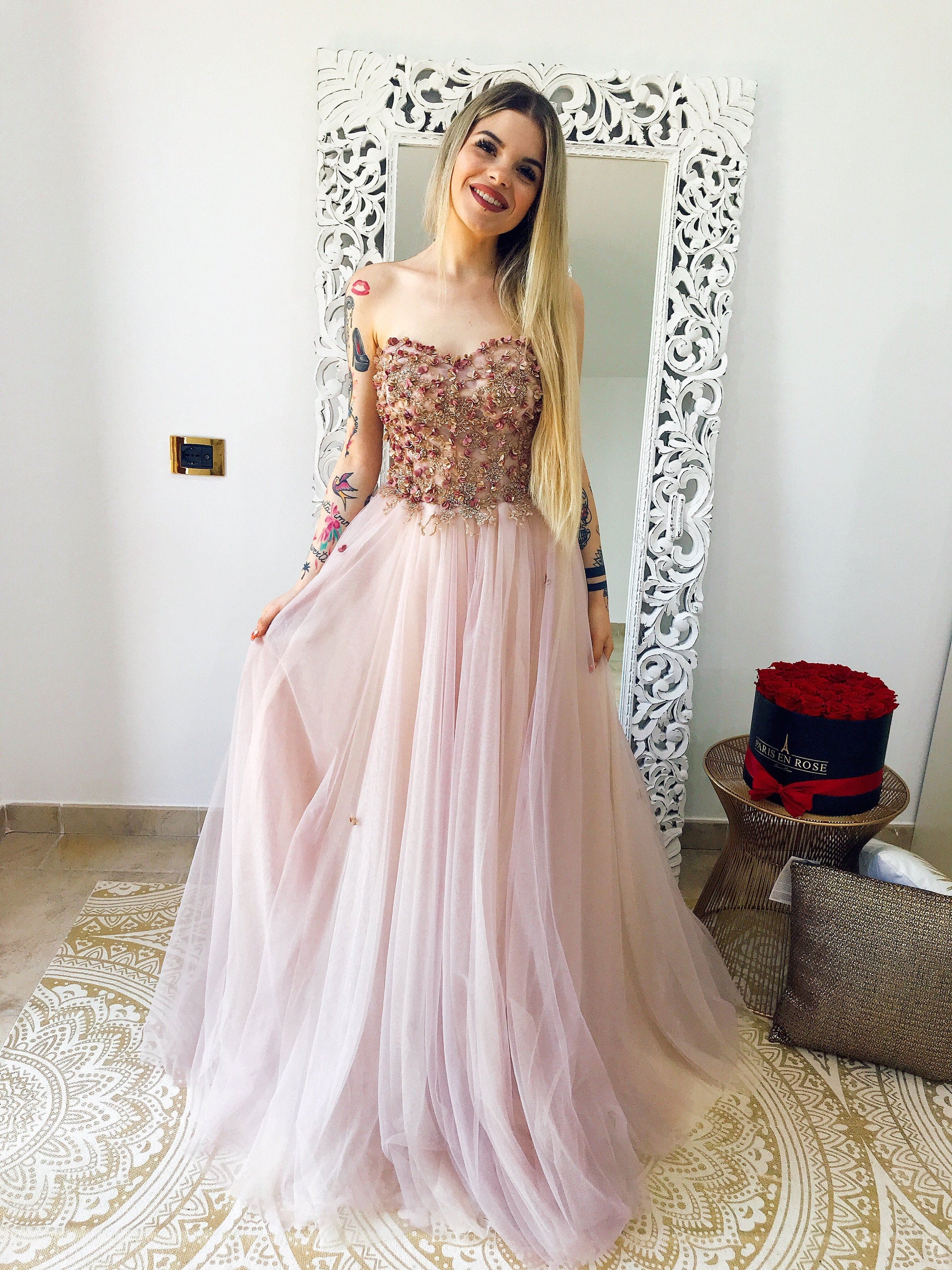 Ceremony dress with pink flowers