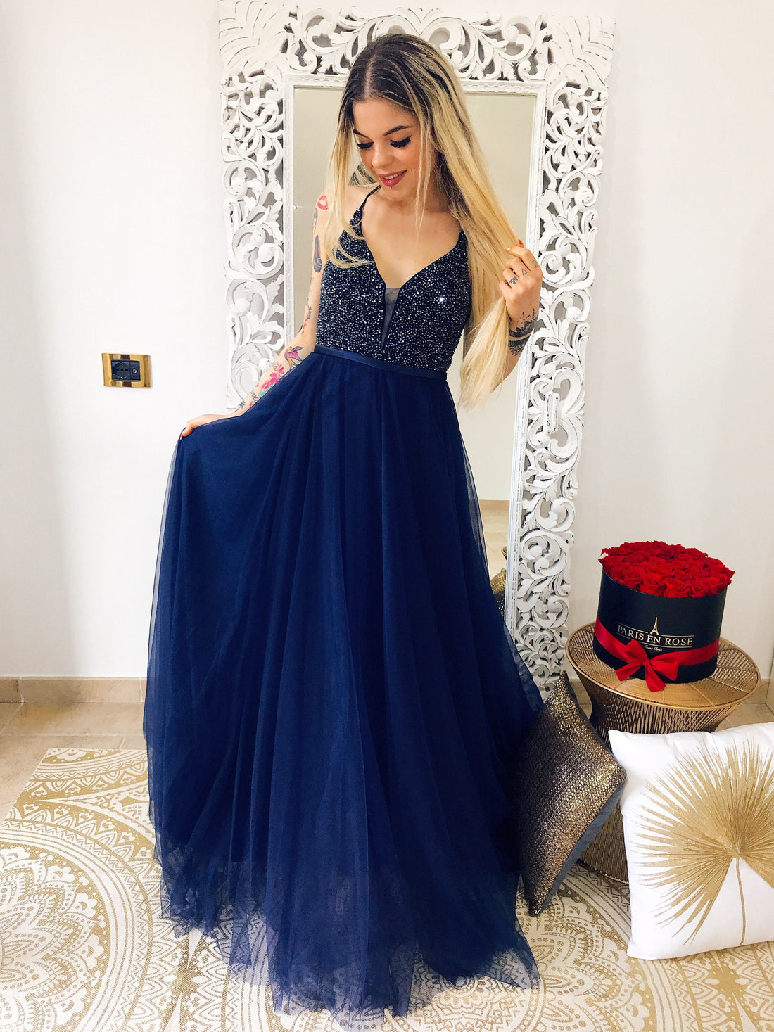 Abito da cerimonia con pietrine blu - R.a. Boutique 