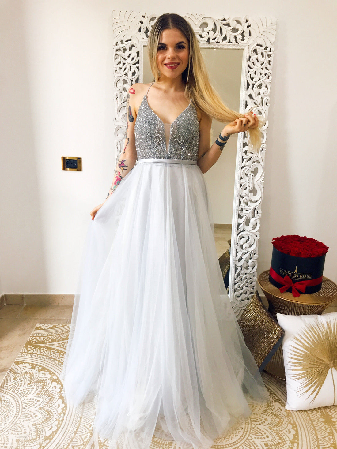 Abito da cerimonia con pietrine ghiaccio - R.a. Boutique 