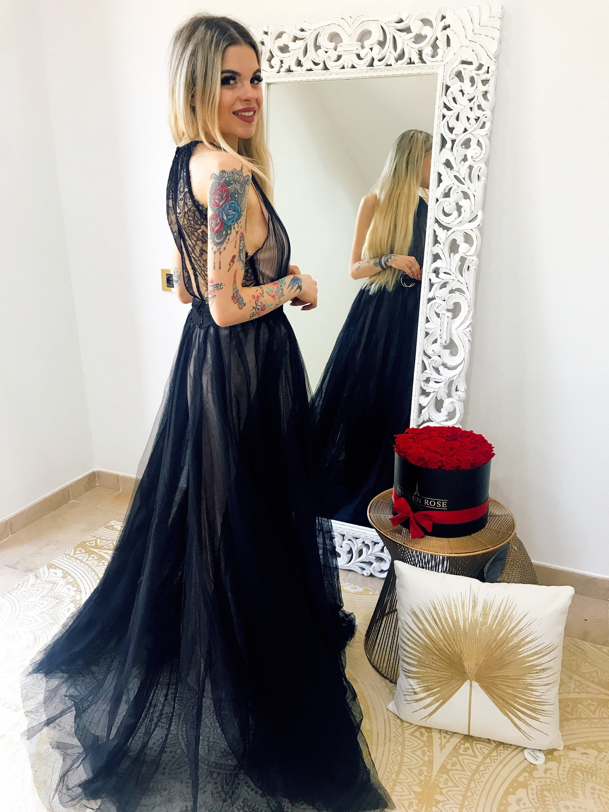 Abito da cerimonia in tulle con cinta Nero - R.a. Boutique 