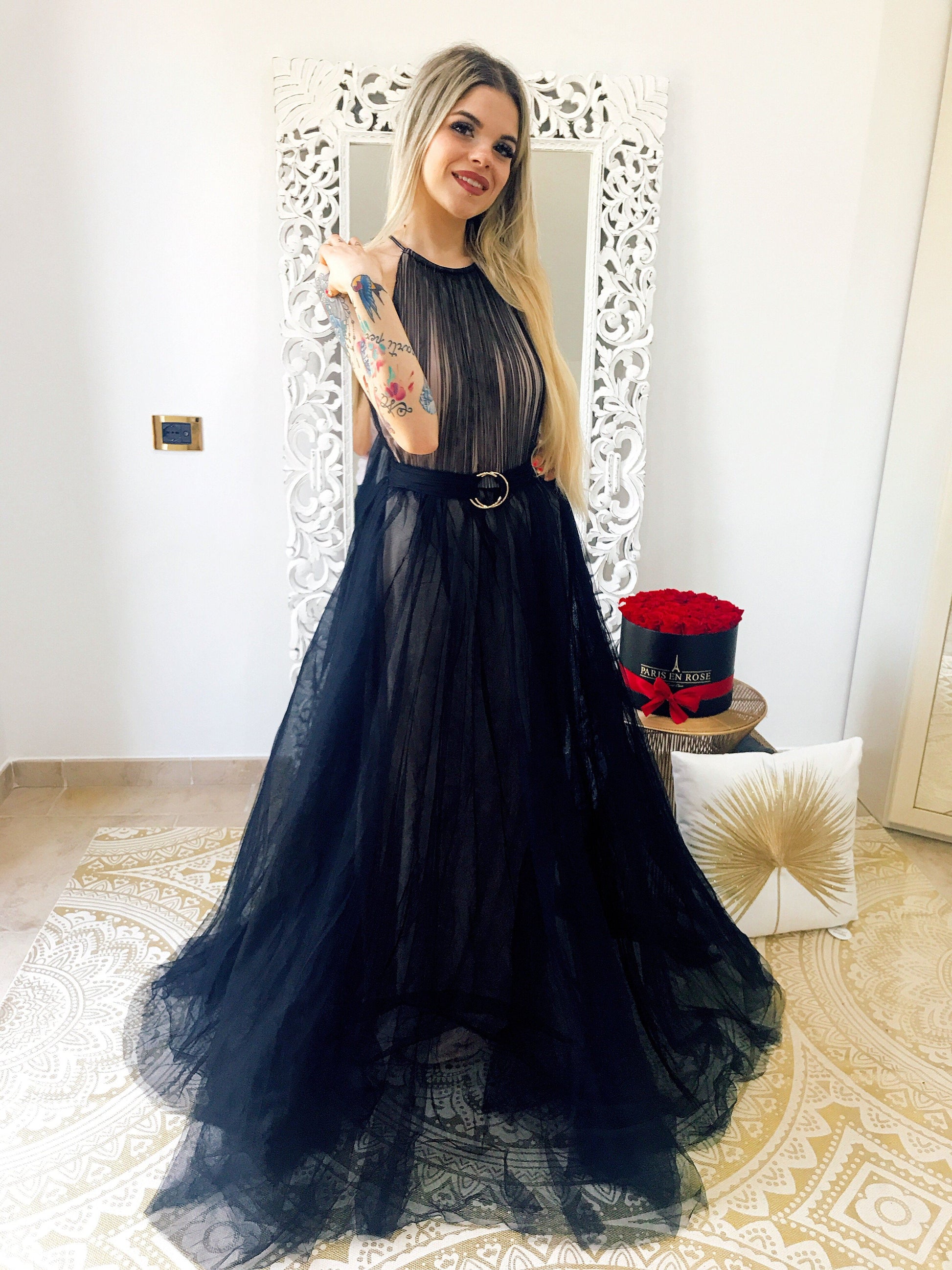 Abito da cerimonia in tulle con cinta Nero - R.a. Boutique 