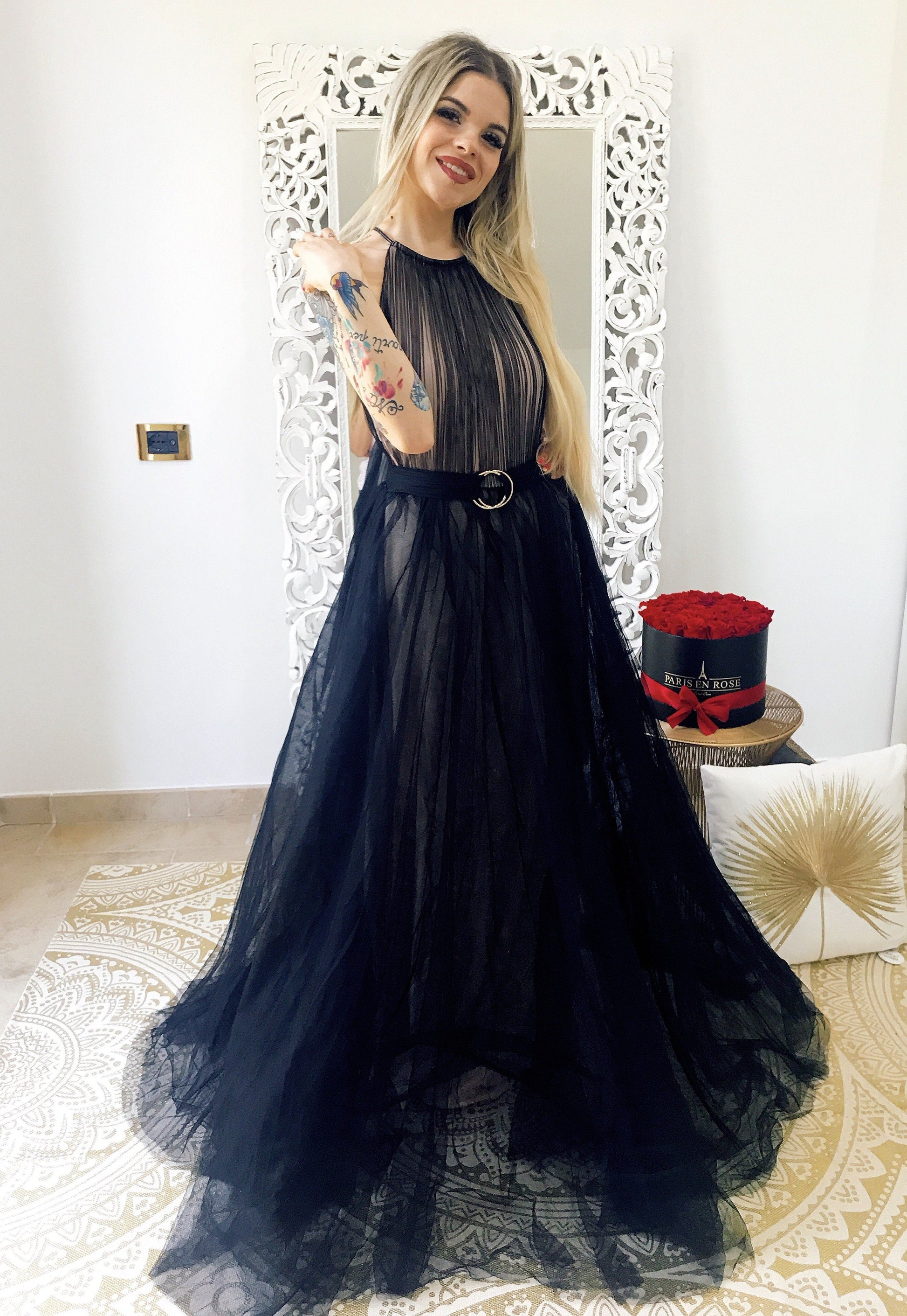 Abito da cerimonia in tulle con cinta Nero - R.a. Boutique 