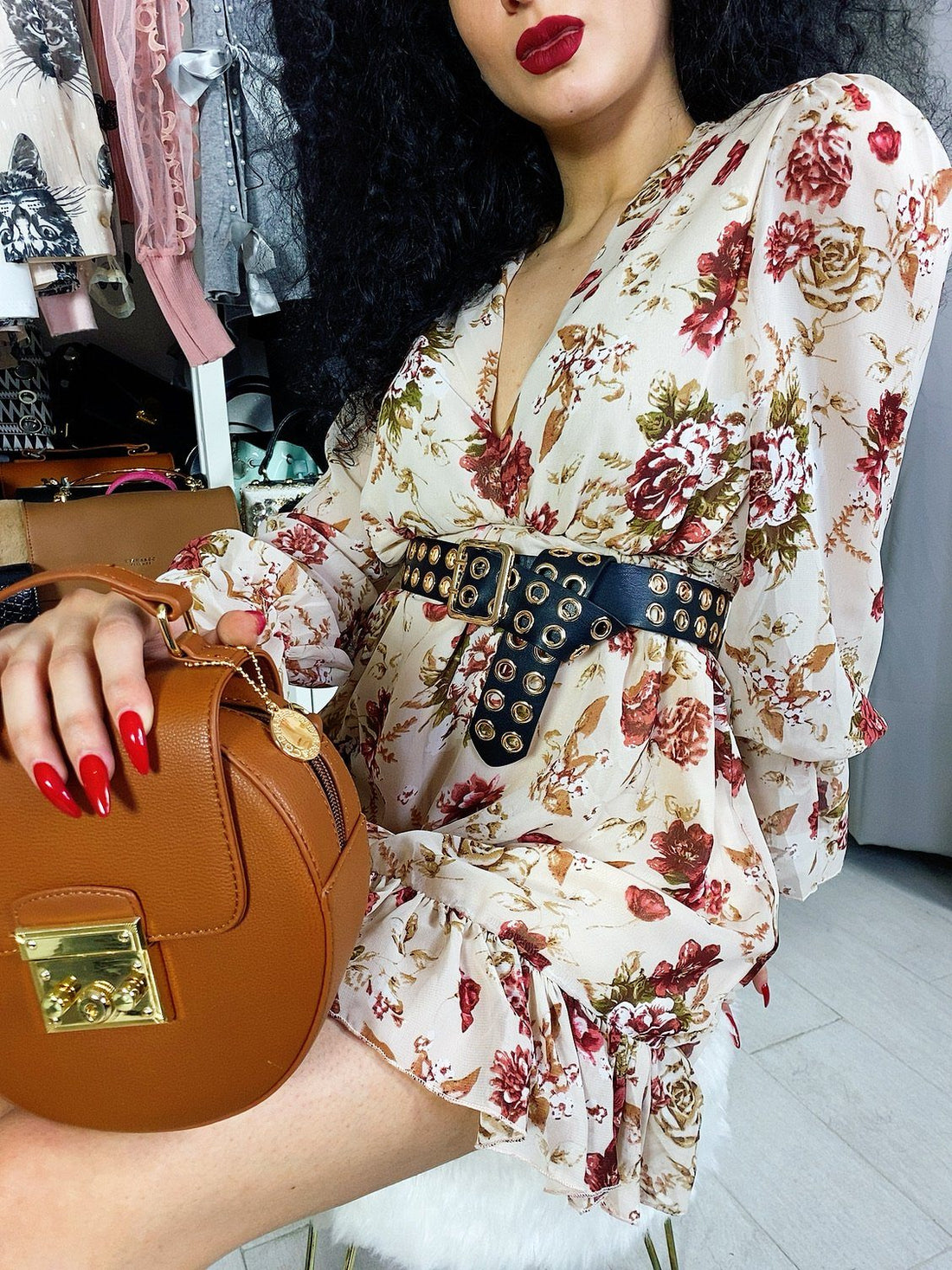 Abito Gold e fiori rossi manica bombata - R.a. Boutique 