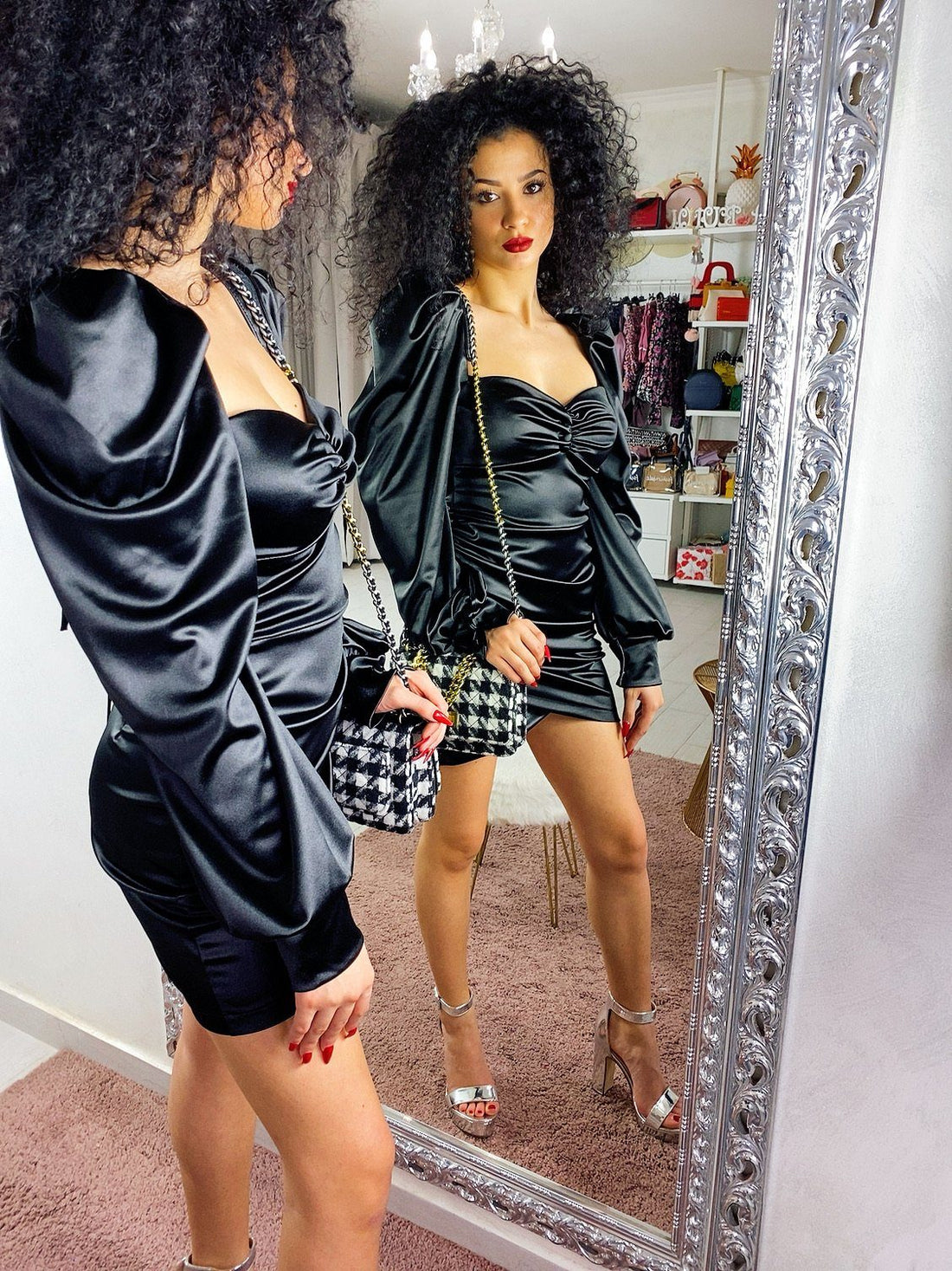 Abito in raso con manica bombata e bottoncini - R.a. Boutique 