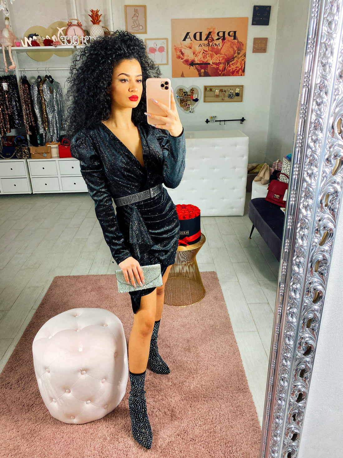 Abito in velluto nero con brillantini e Rouge - R.a. Boutique 