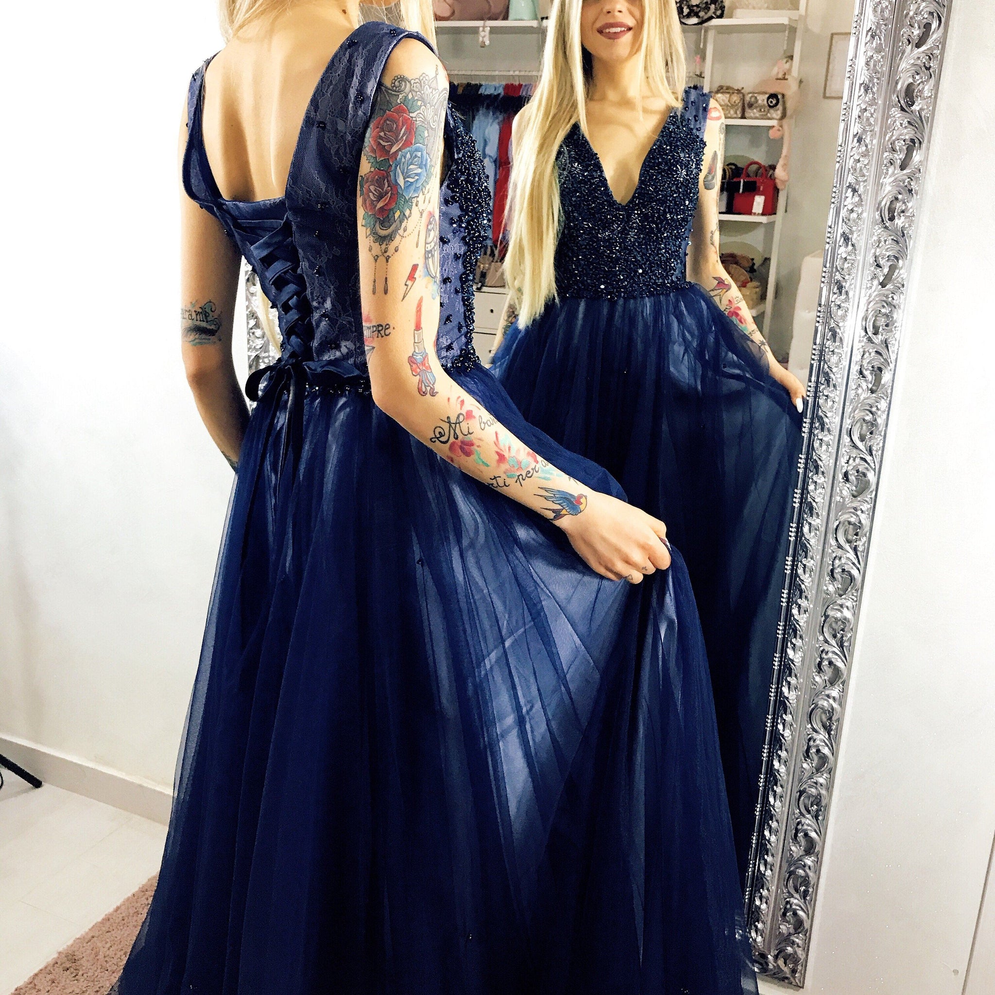 open lace back dress Dark Blue Tulle Lace Princess Dress, Beautiful A-Line Strapless Long P main image 0