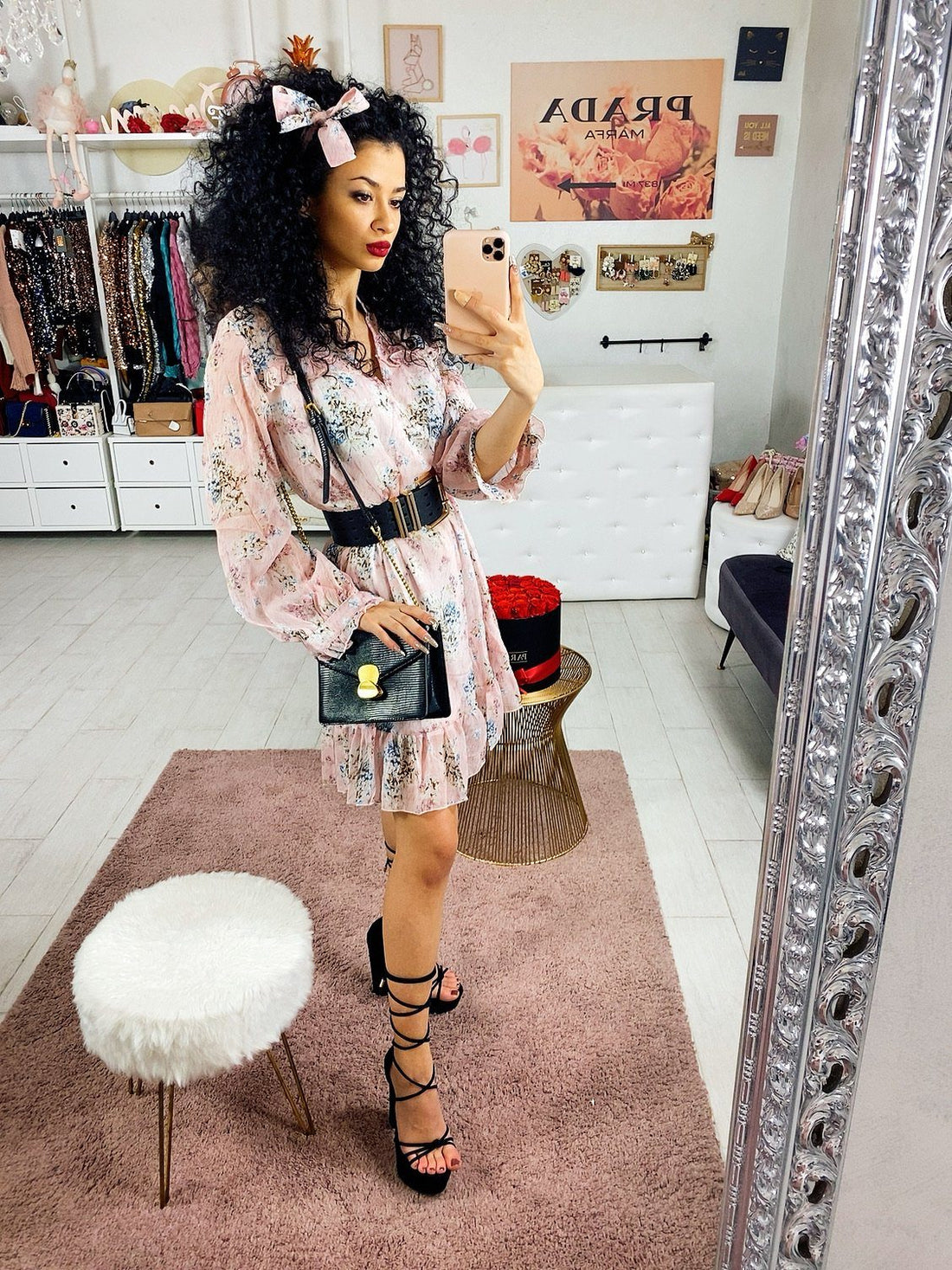 Abito rosa con fiorellini e fascetta - R.a. Boutique 