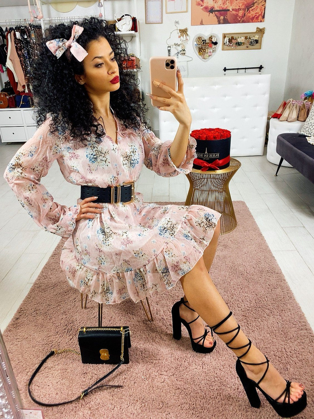 Abito rosa con fiorellini e fascetta - R.a. Boutique 