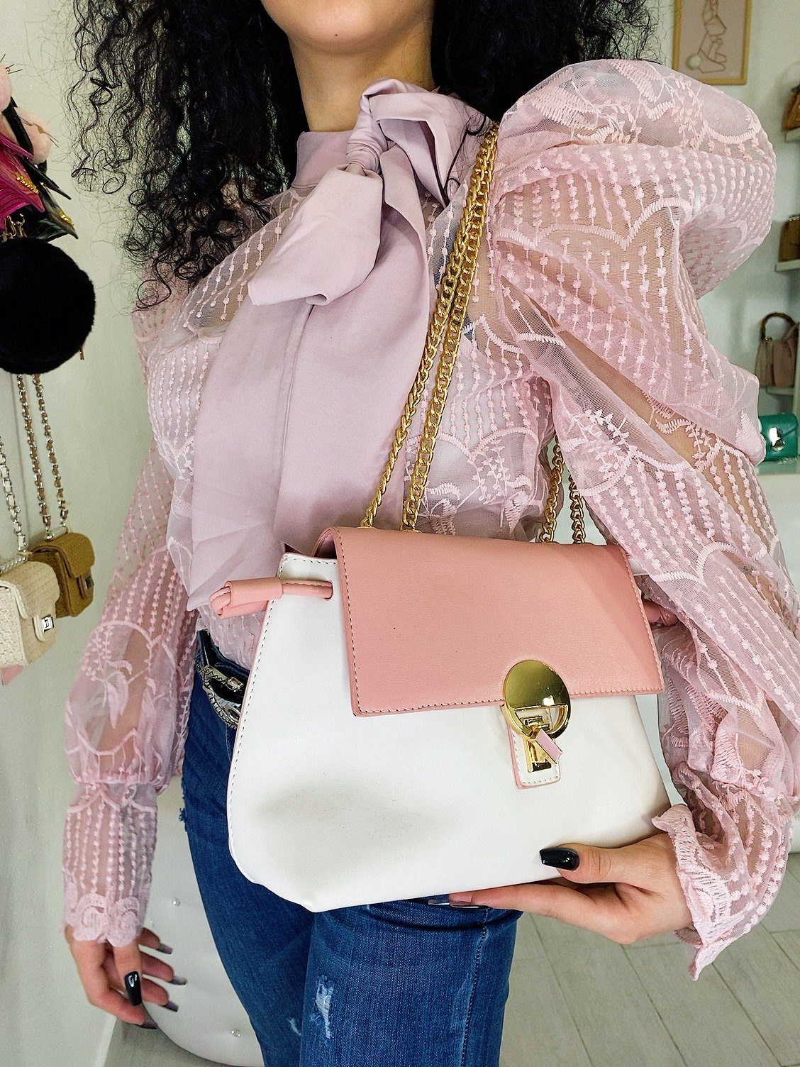 Bag bianca e rosa con dettagli oro - R.a. Boutique 