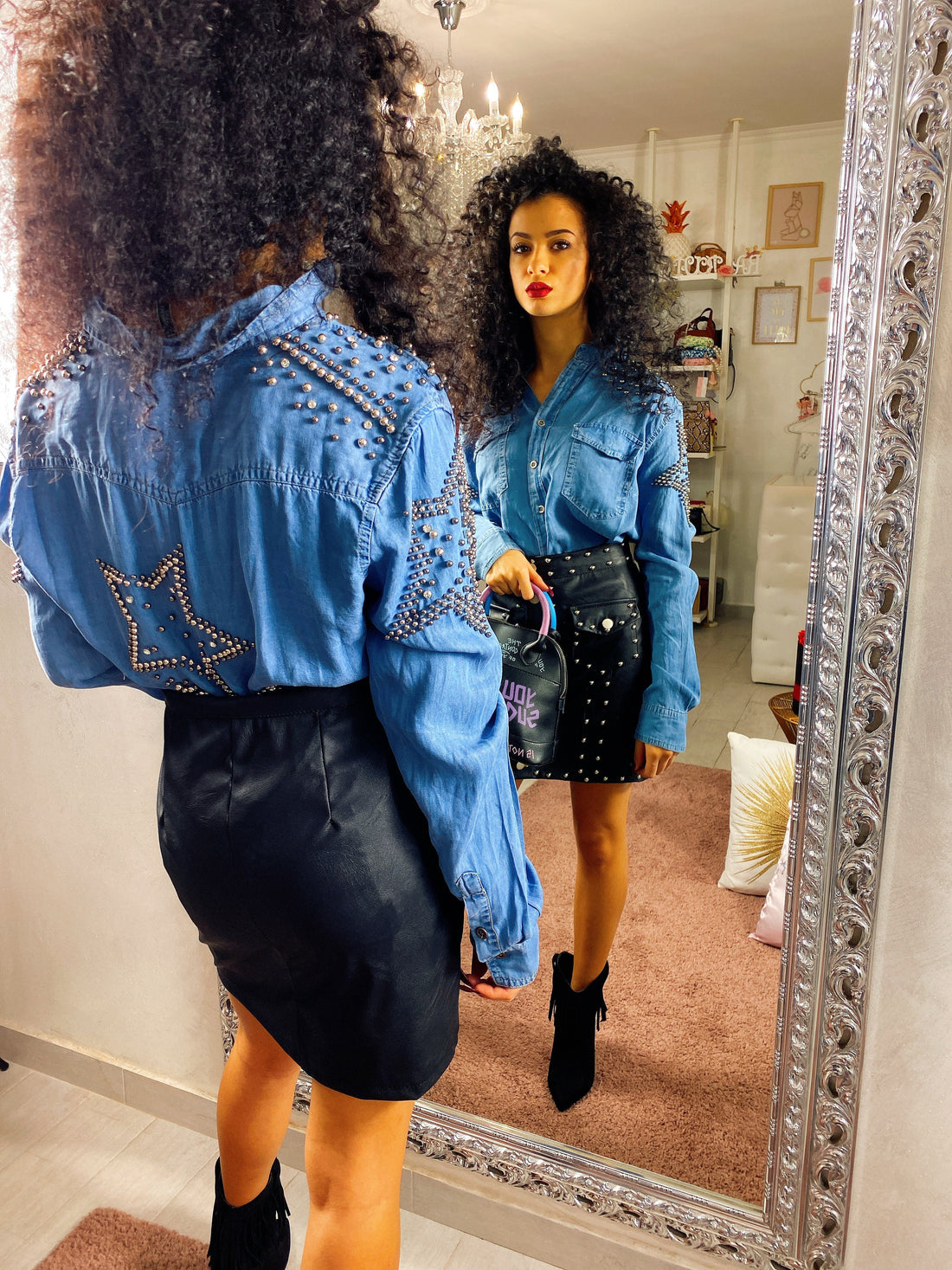 Camicia in jeans con ricami con strass - R.a. Boutique 