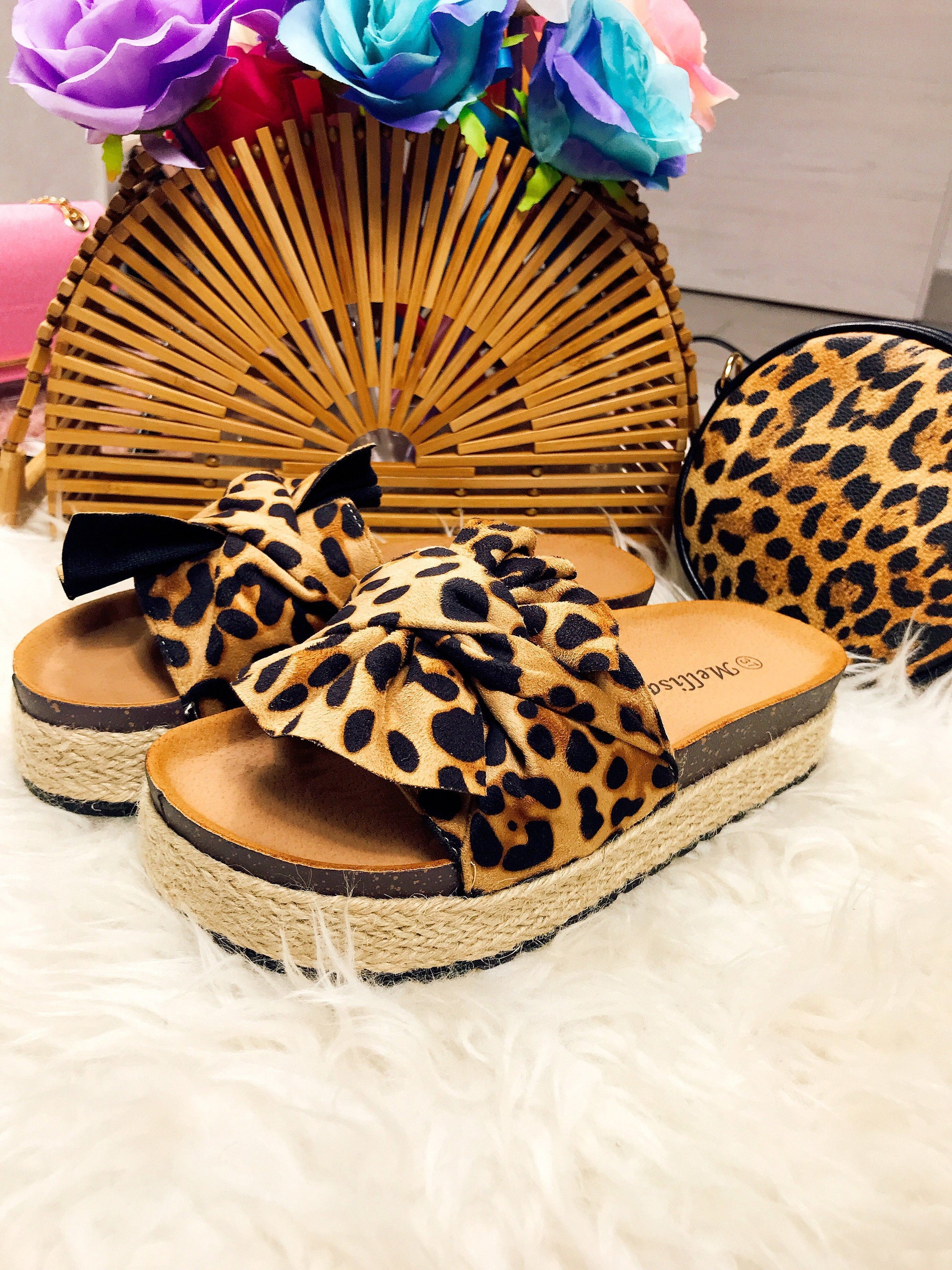 Bows Boutiques Leopard Print Bow Sliders Leopard-style Slippers