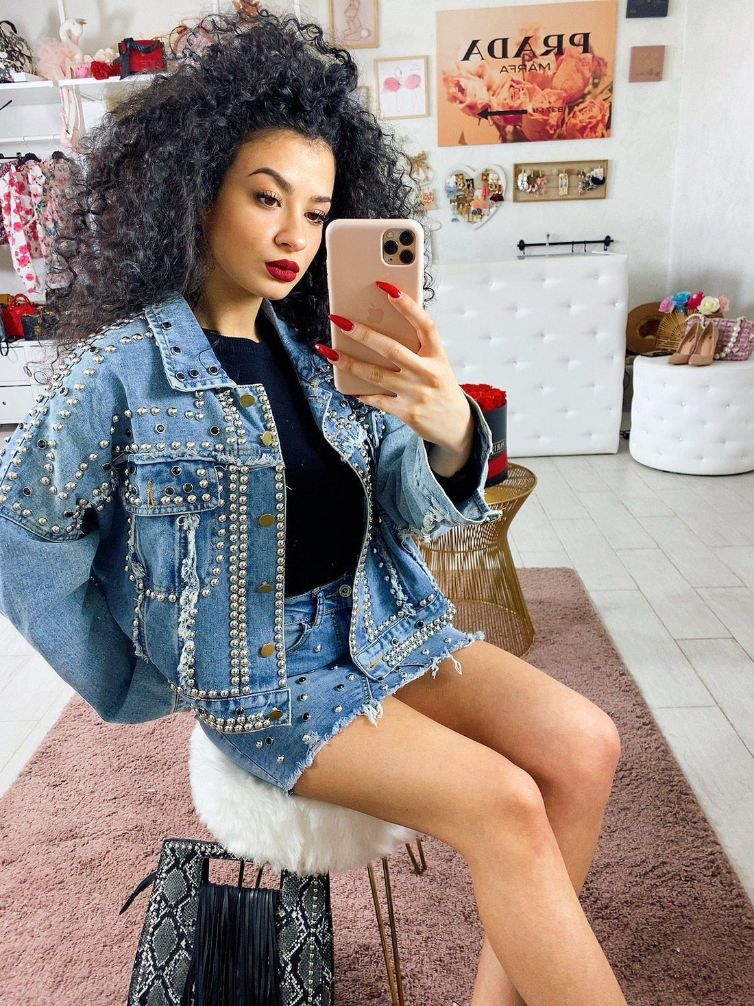 Giaccone di jeans con borchie - R.a. Boutique 