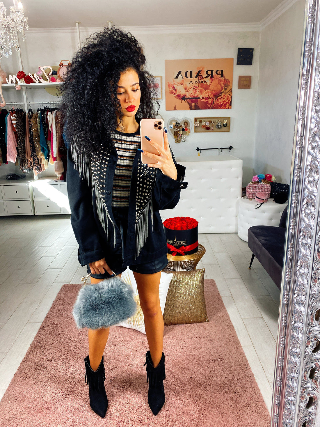 Giaccone di jeans con borchie e frange - R.a. Boutique 