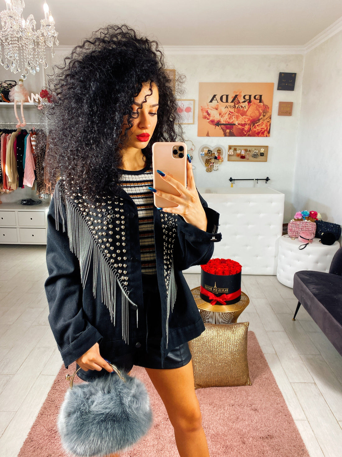 Giaccone di jeans con borchie e frange - R.a. Boutique 