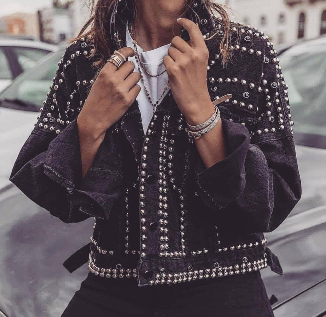 Giaccone di jeans con borchie nero - R.a. Boutique 