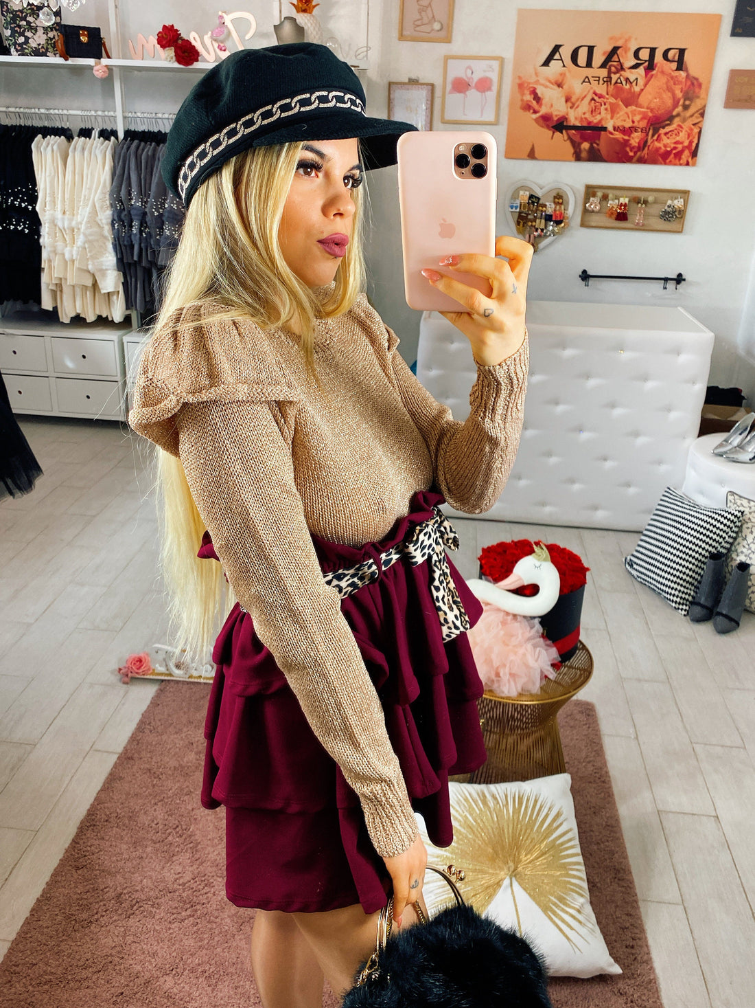 Gonna a balze con cinturino maculato bordeaux - R.a. Boutique 