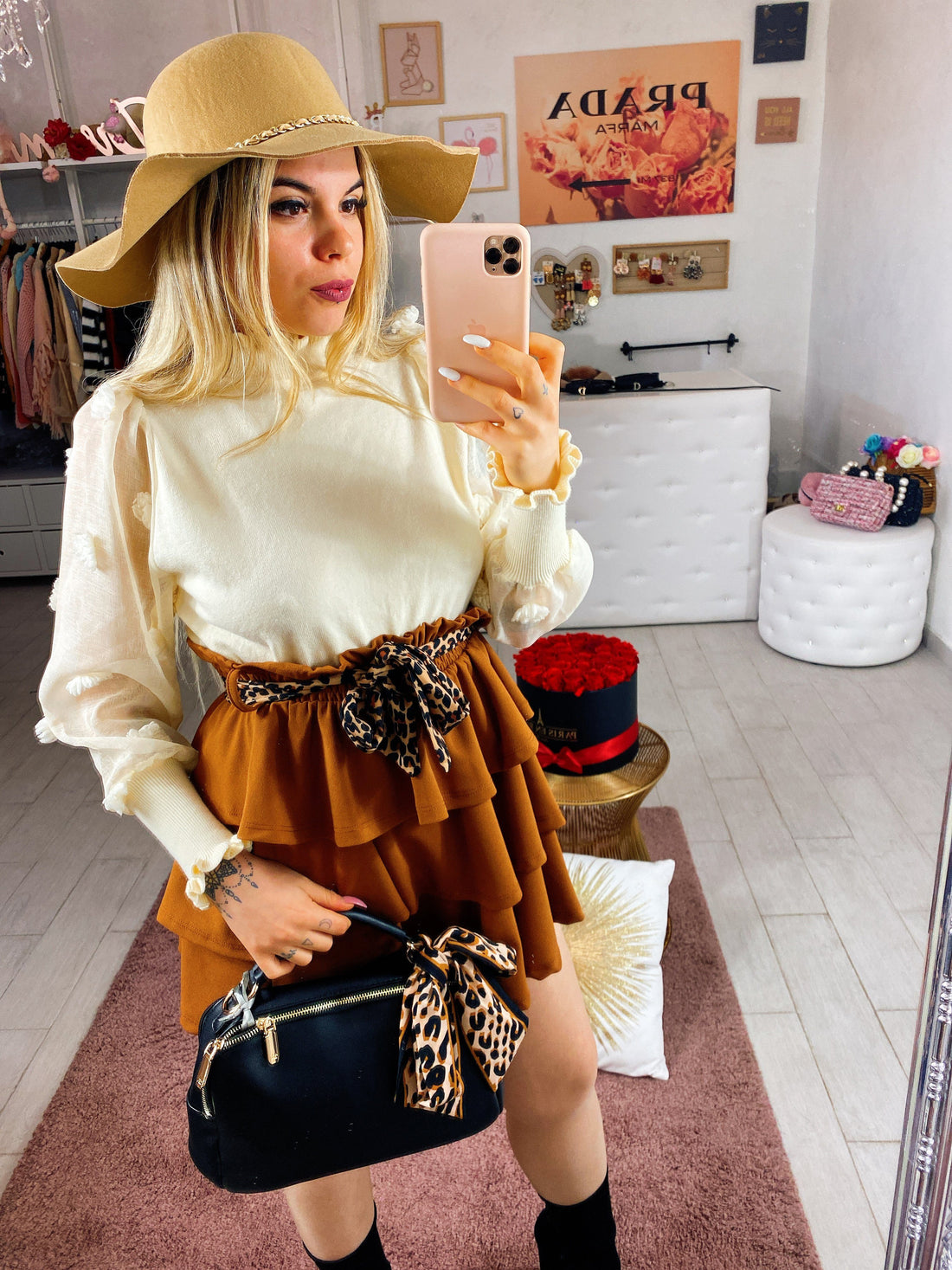 Gonna a balze con cinturino maculato camel - R.a. Boutique 