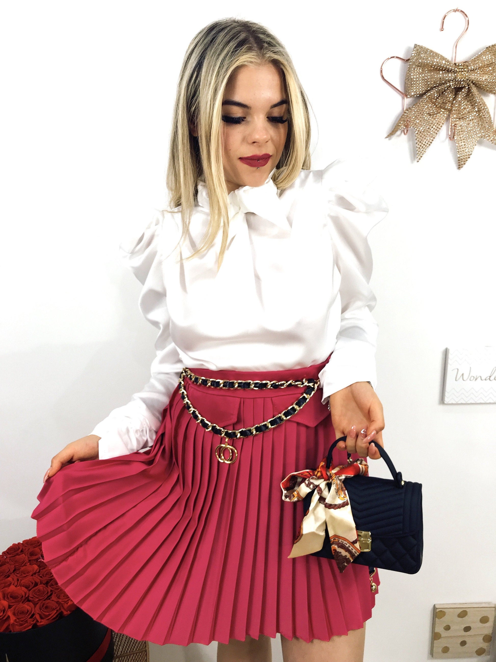 Gonna a pieghine con taschine corallo - R.a. Boutique 