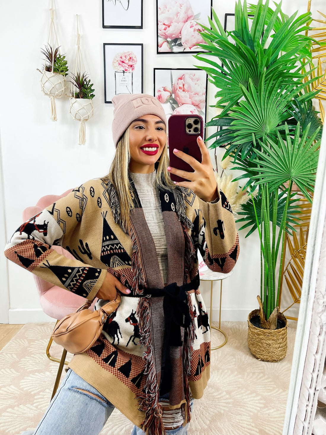 Cardigan frange e cinta dettaglio cavallo beige - R.a. Boutique 