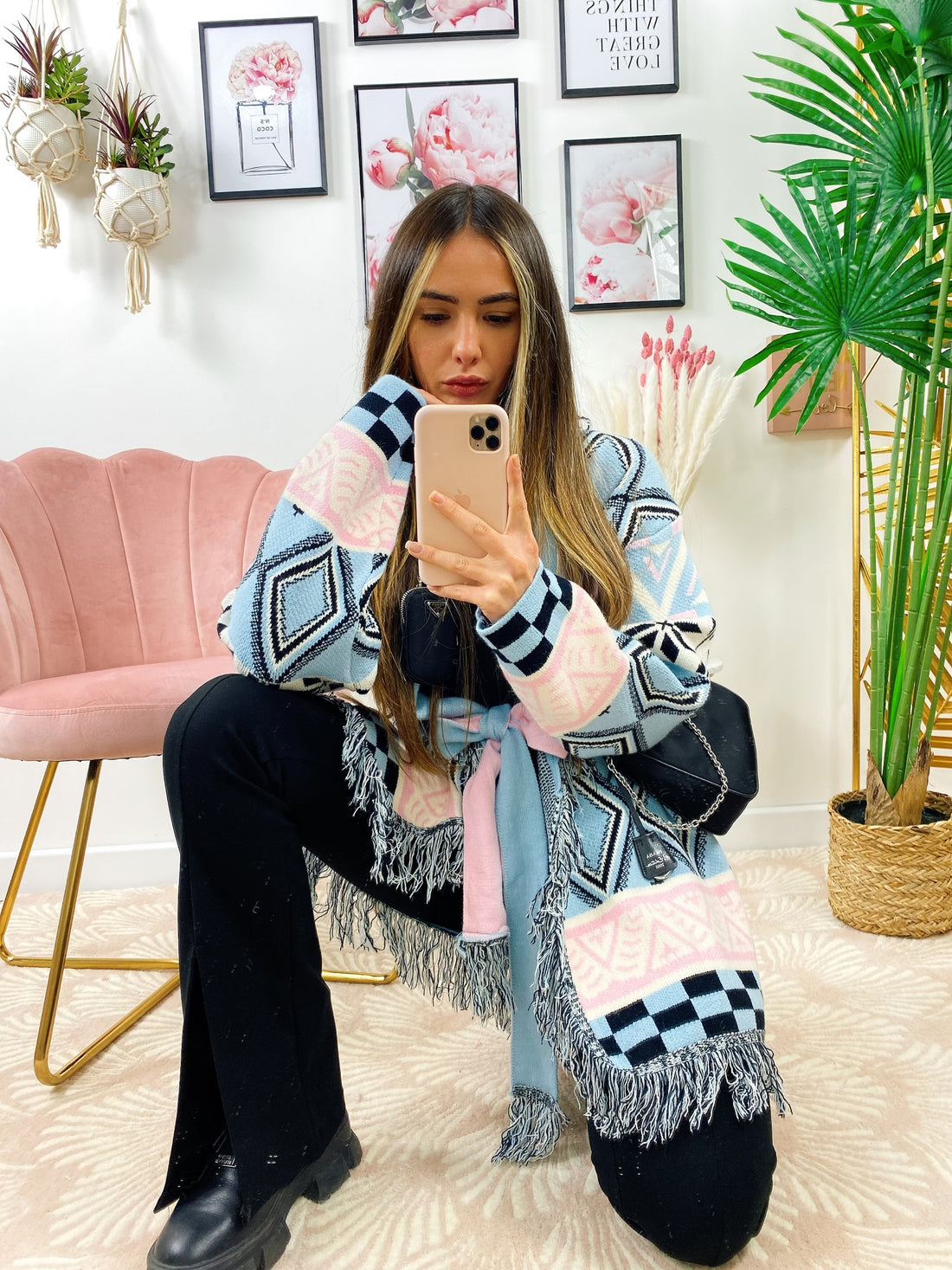 Cardigan frange e cinta celeste - R.a. Boutique 