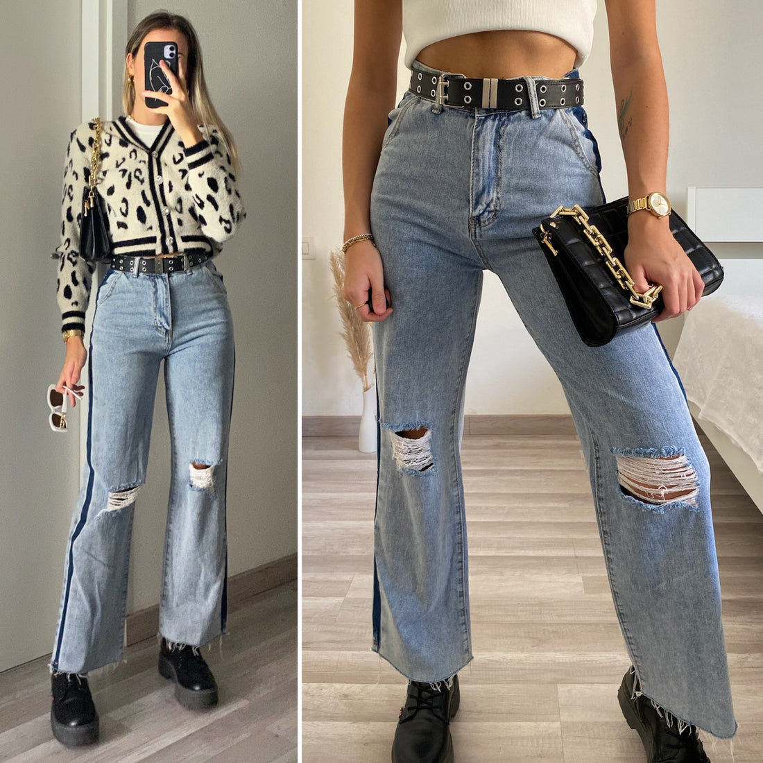 Jeans wide leg con strappi e dettaglio - R.a. Boutique 