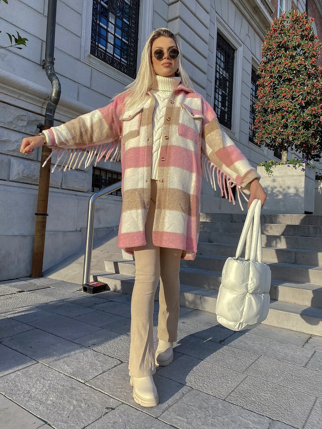 Giacca a quadri Rosa lunga con frange - R.a. Boutique 