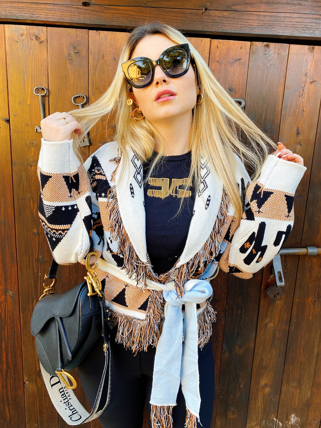 Cardigan corto frange e cinta con cavallo celeste - R.a. Boutique 