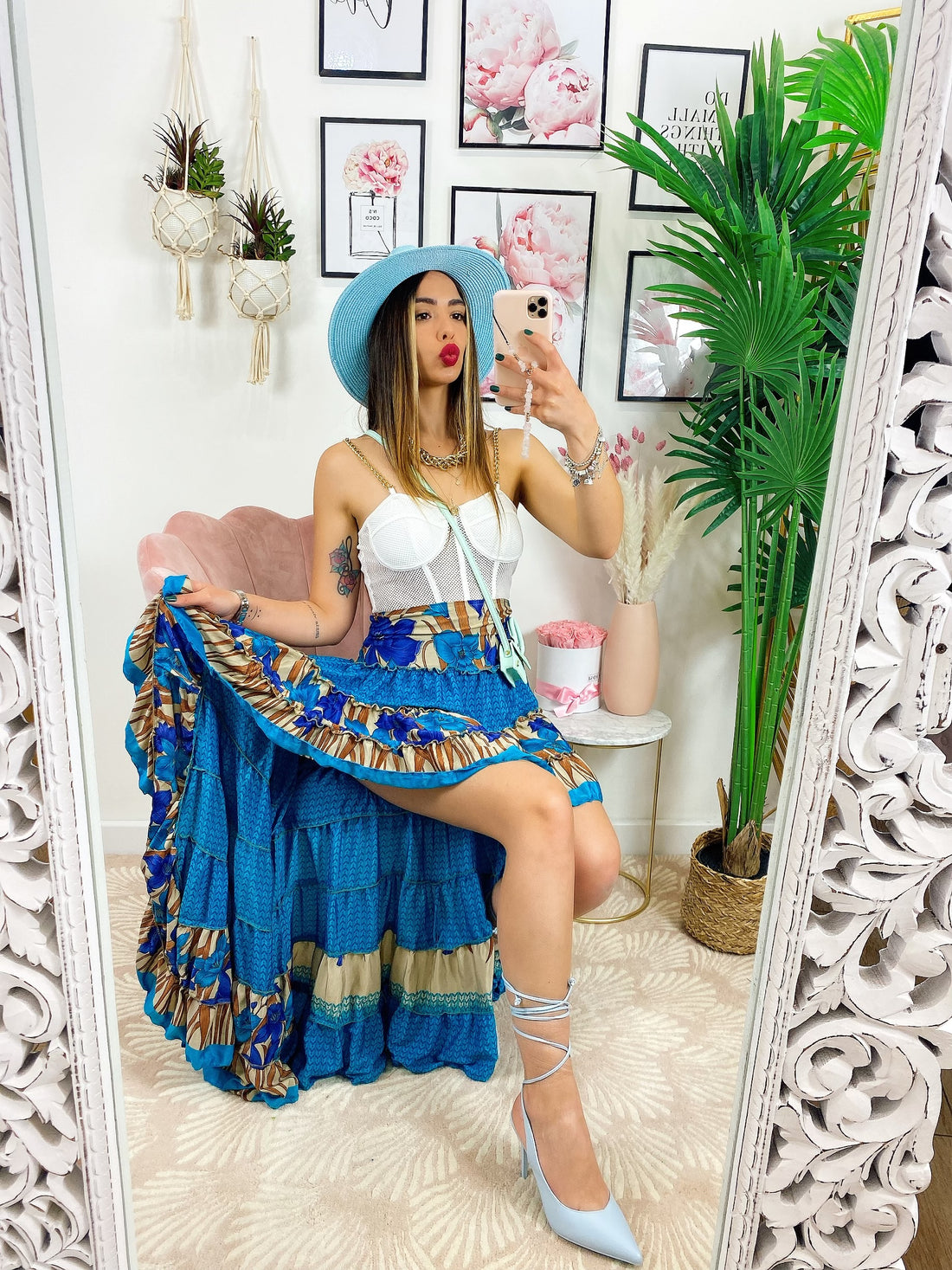 Gonna asimmetrica azzurra fiori blu - R.a. Boutique 