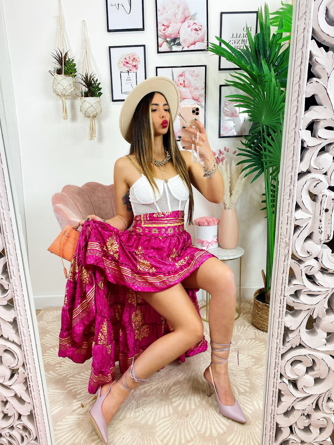 Gonna asimmetrica Fuxia fiori oro - R.a. Boutique 