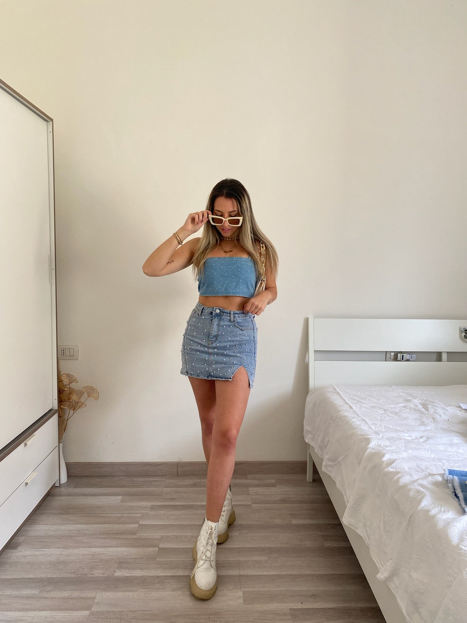 Top in jeans con strass - R.a. Boutique 