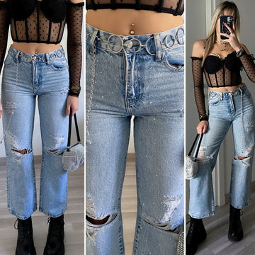 Jeans con strappi e strass - R.a. Boutique 