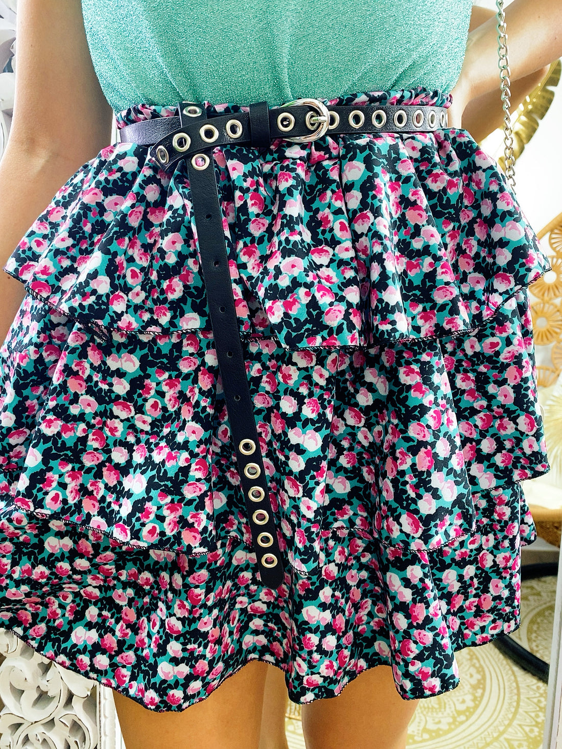 Gonna a balze con fiori verdeacqua e Fuxia - R.a. Boutique 