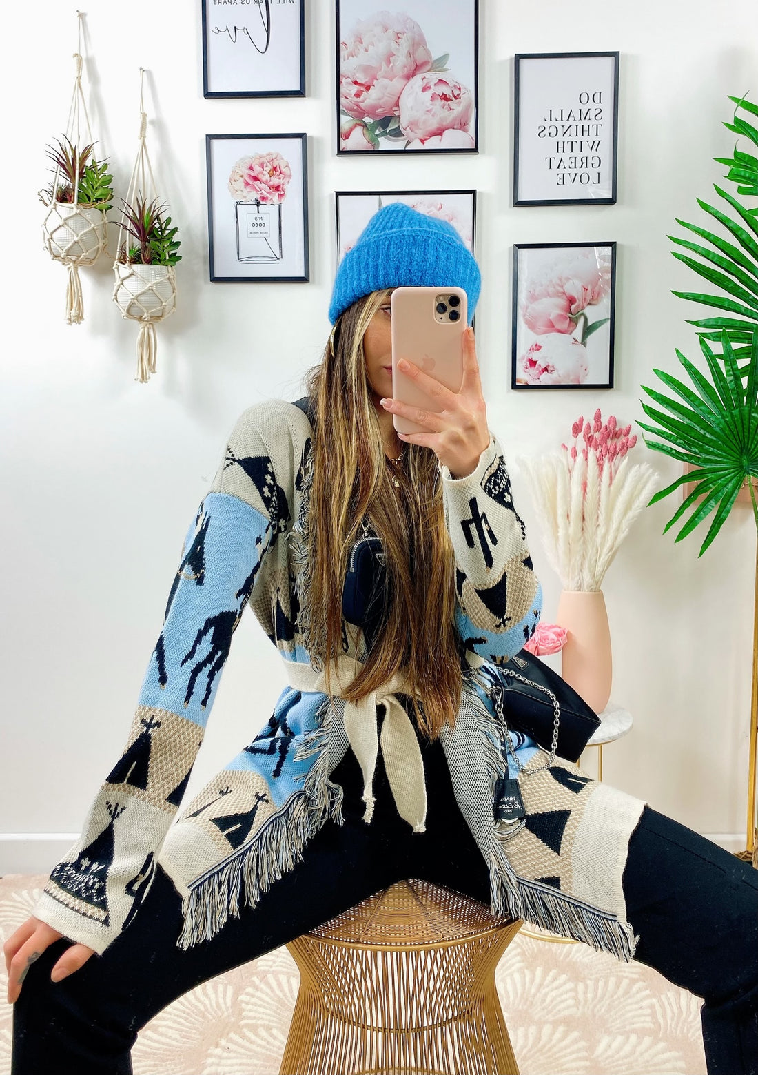 Cardigan frange e cinta con cavallo celeste - R.a. Boutique 