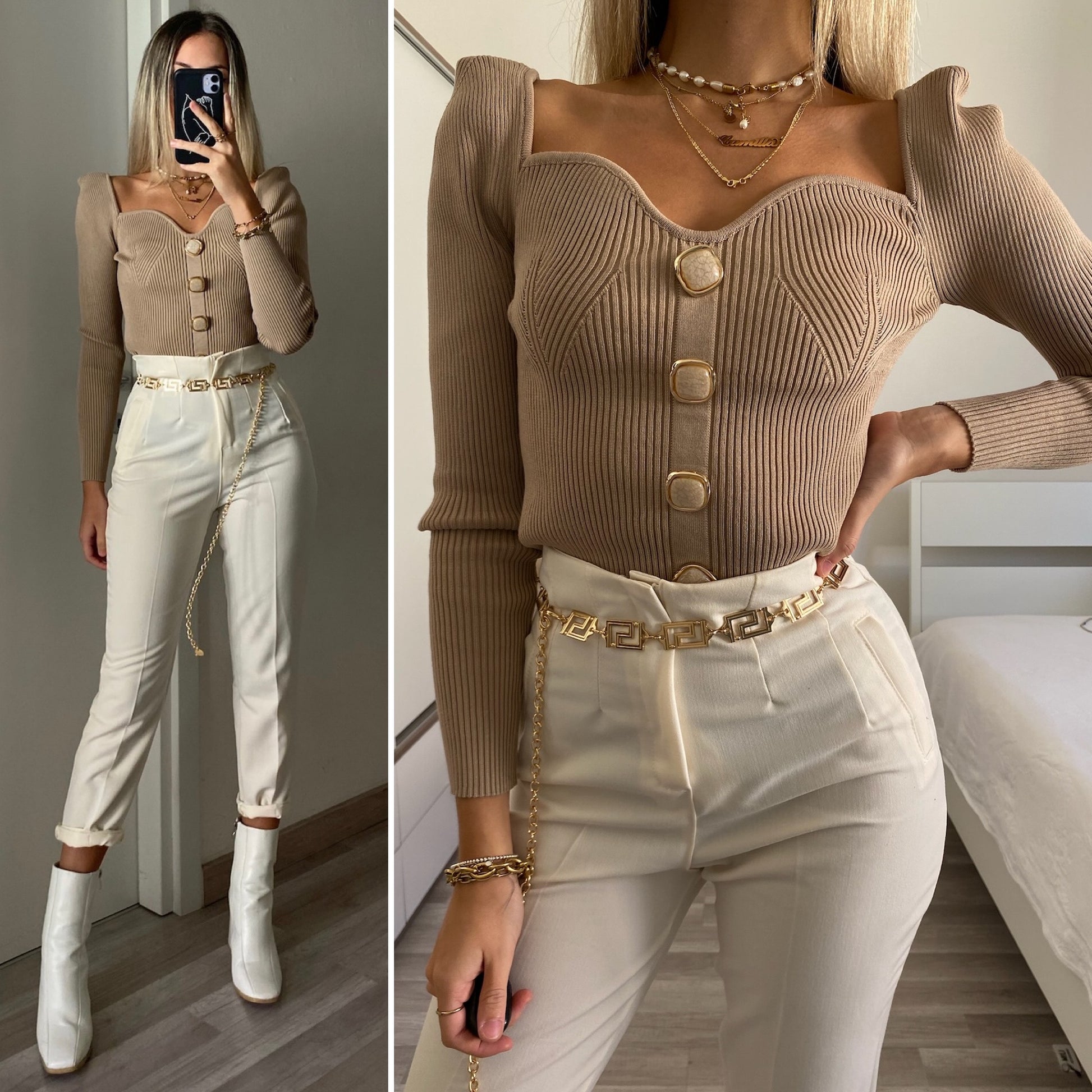 Maglioncino nude con bottoni gioiello - R.a. Boutique 