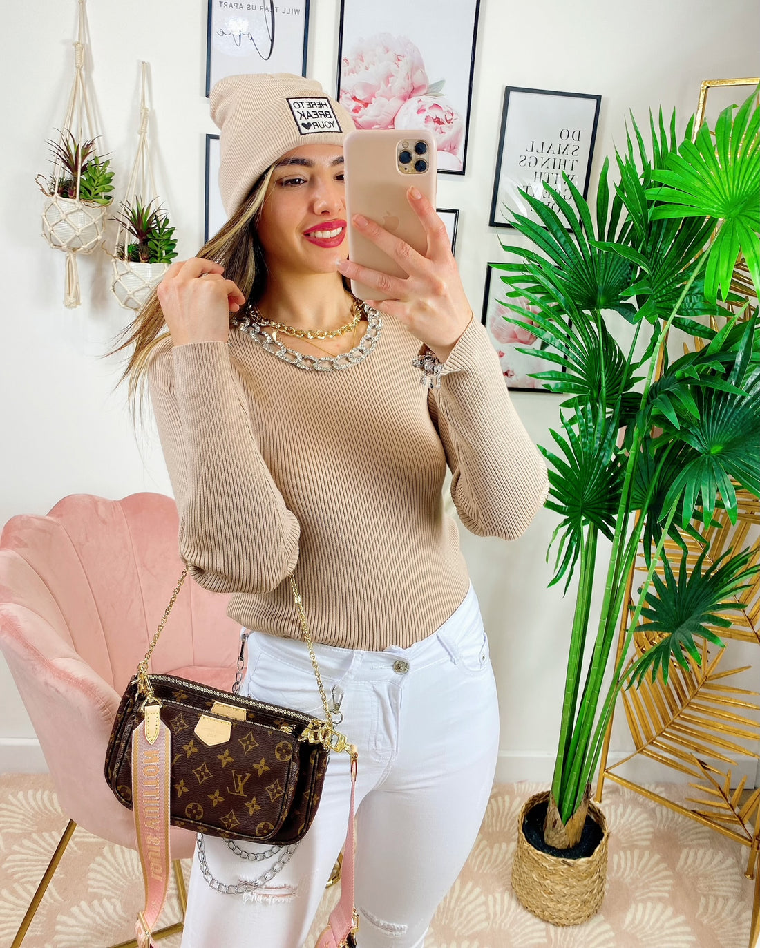 Maglia a costine con catena piccola argento e strass - R.a. Boutique 