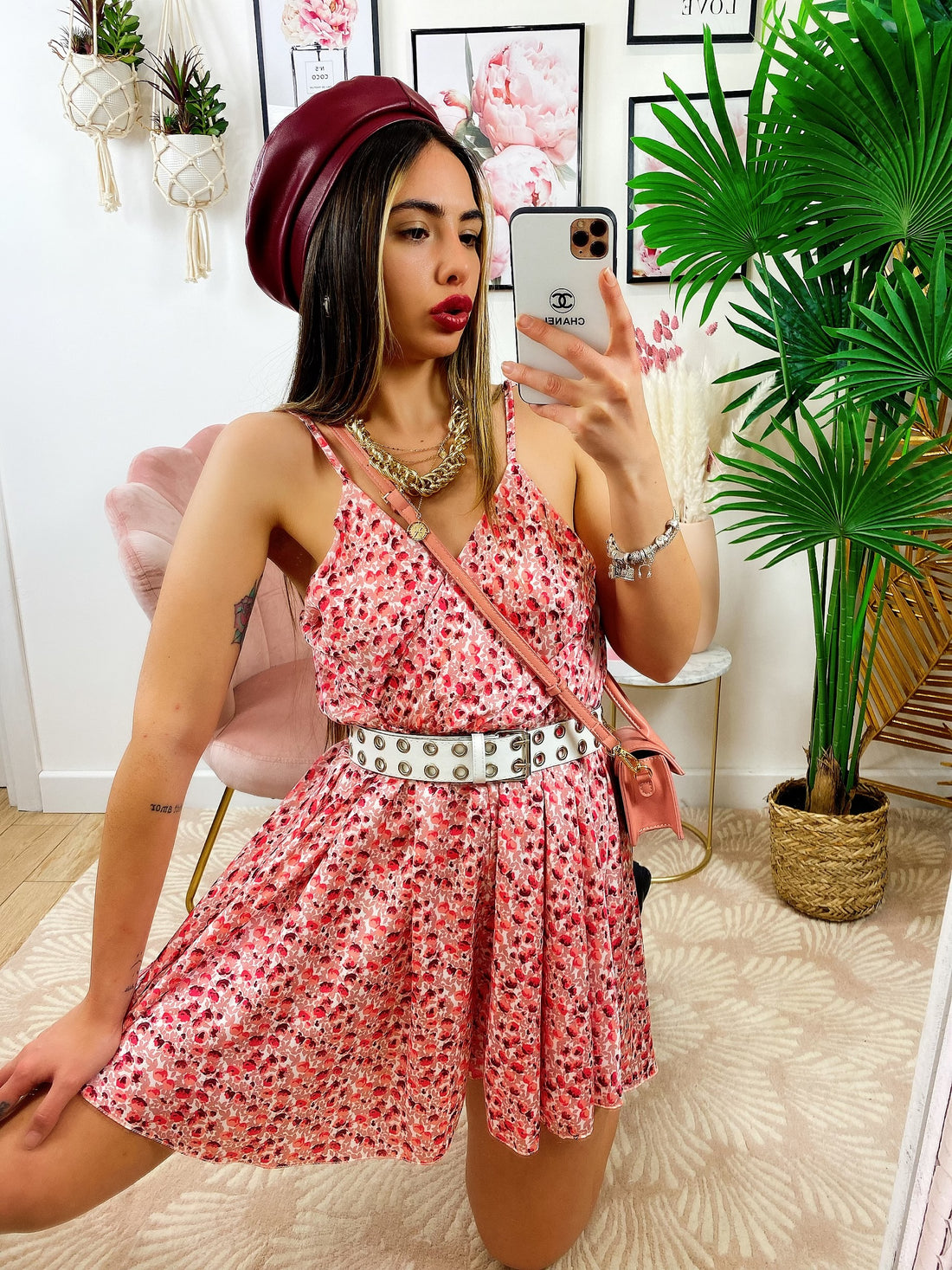 Abito a bretellina con fiorellini Fuxia - R.a. Boutique 