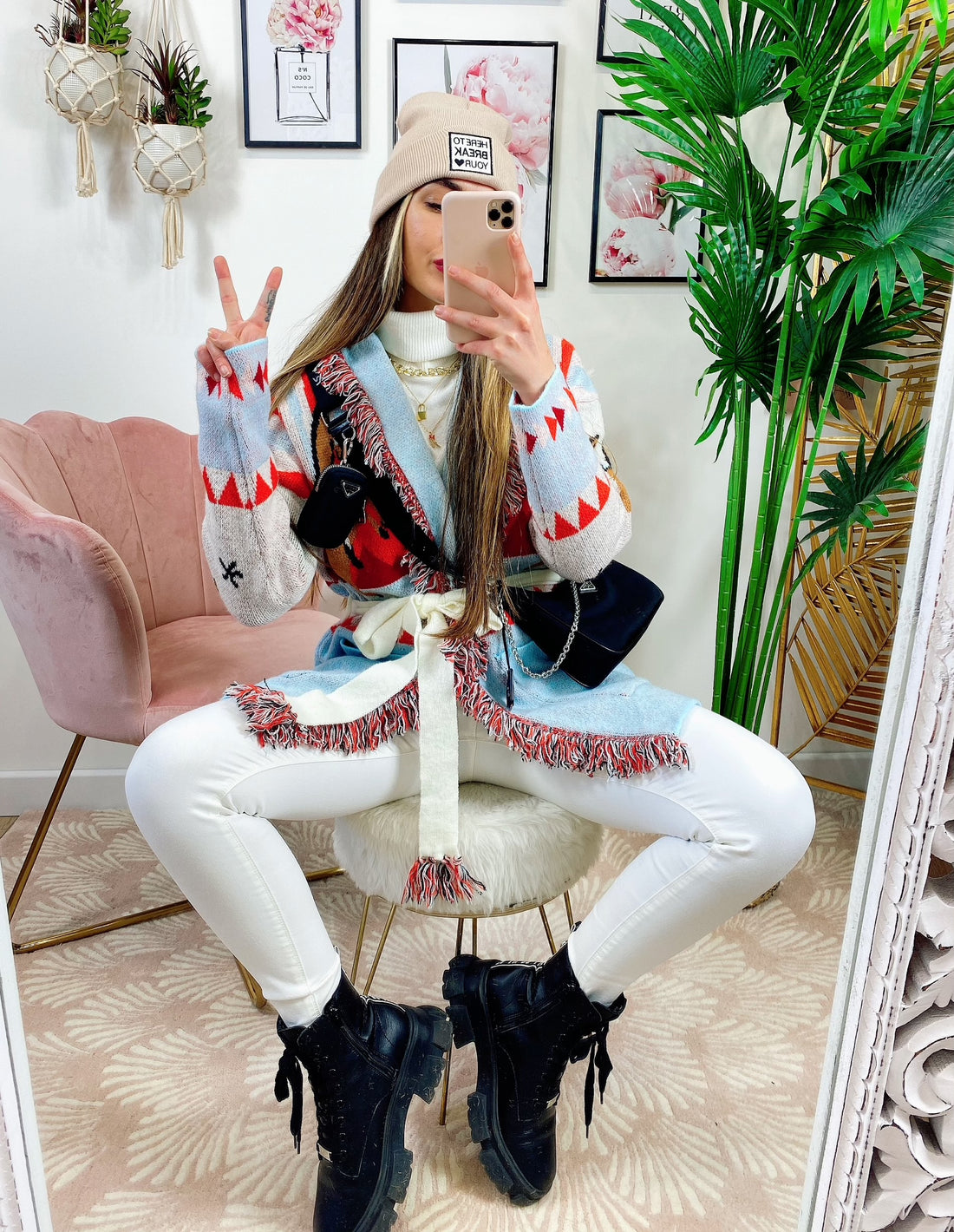 Cardigan con frange stampa cavallo Celeste - R.a. Boutique 