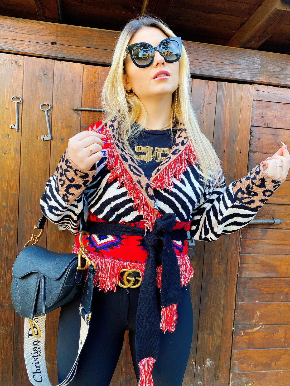 Cardigan corto frange e cinta rosso maculato - R.a. Boutique 