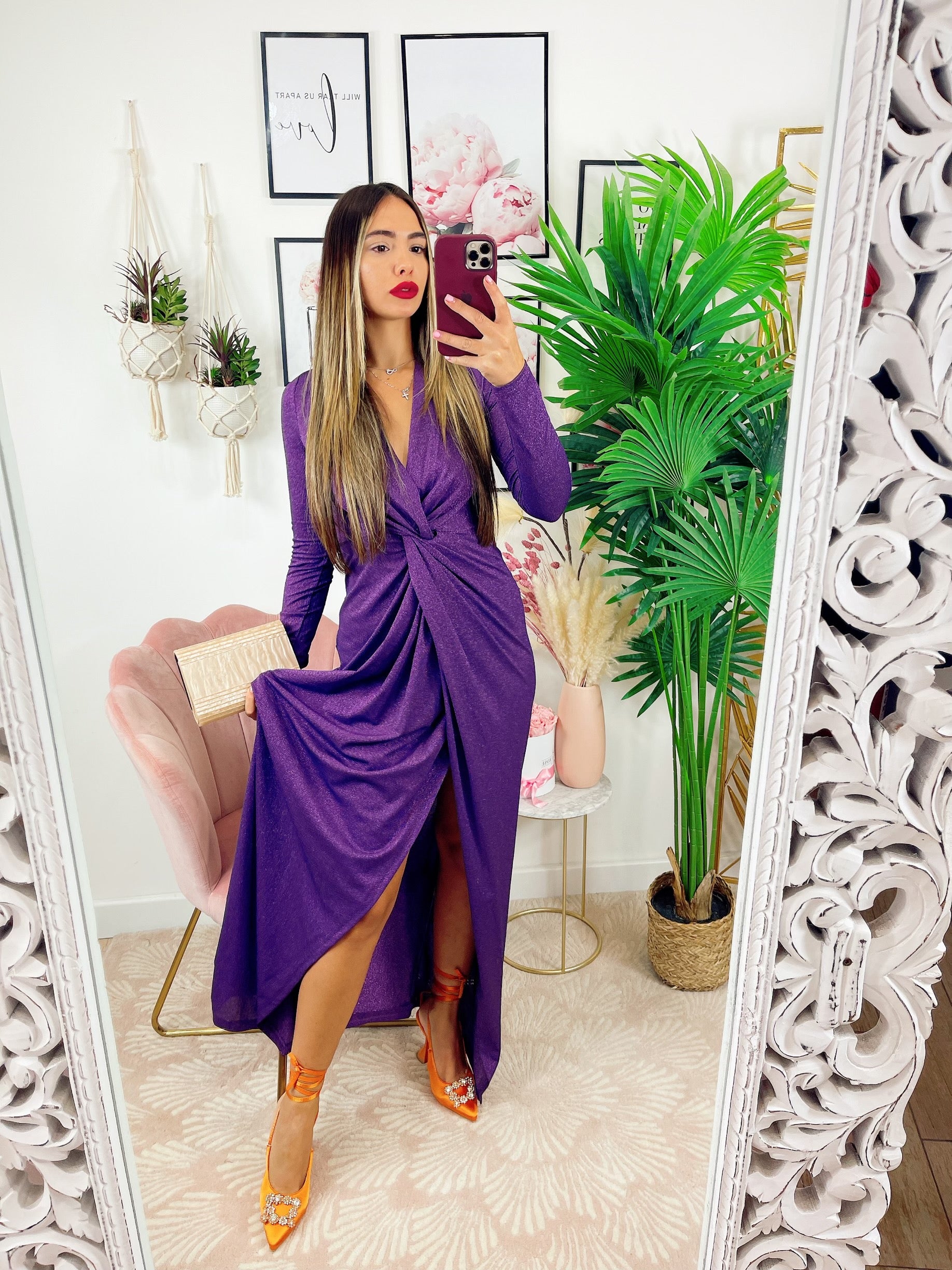 Abito glitterato lungo con nodo Purple - R.a. Boutique 