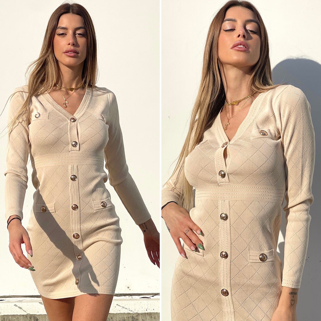 Abito in maglia con bottoni oro base Beige - R.a. Boutique 